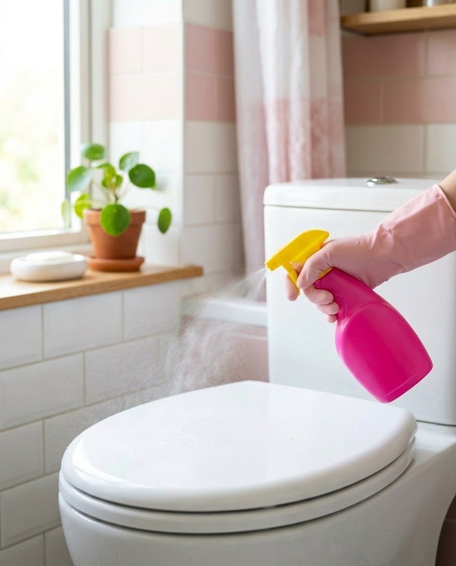 Toilethost ontsmet de toiletbril met spray