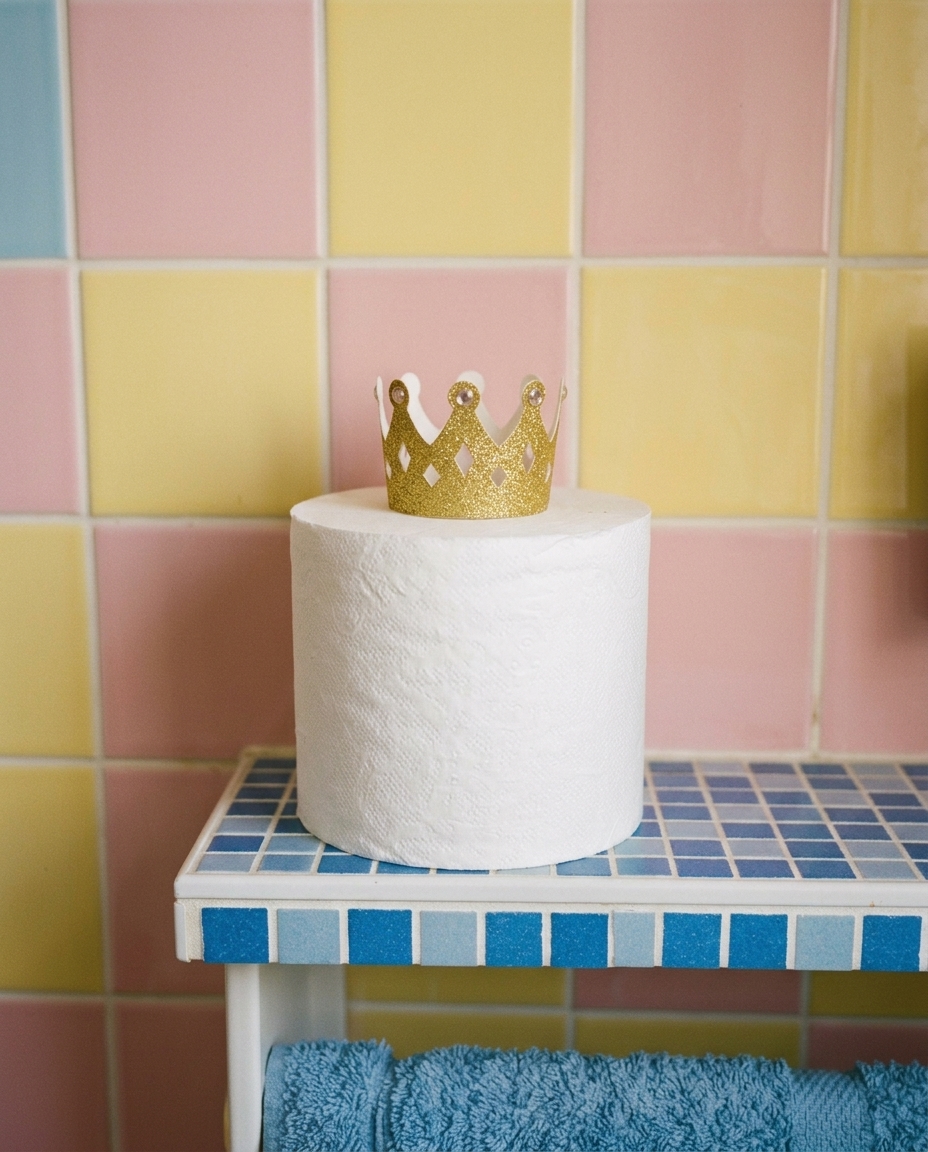 Toiletrol met een geel papieren kroontje erop